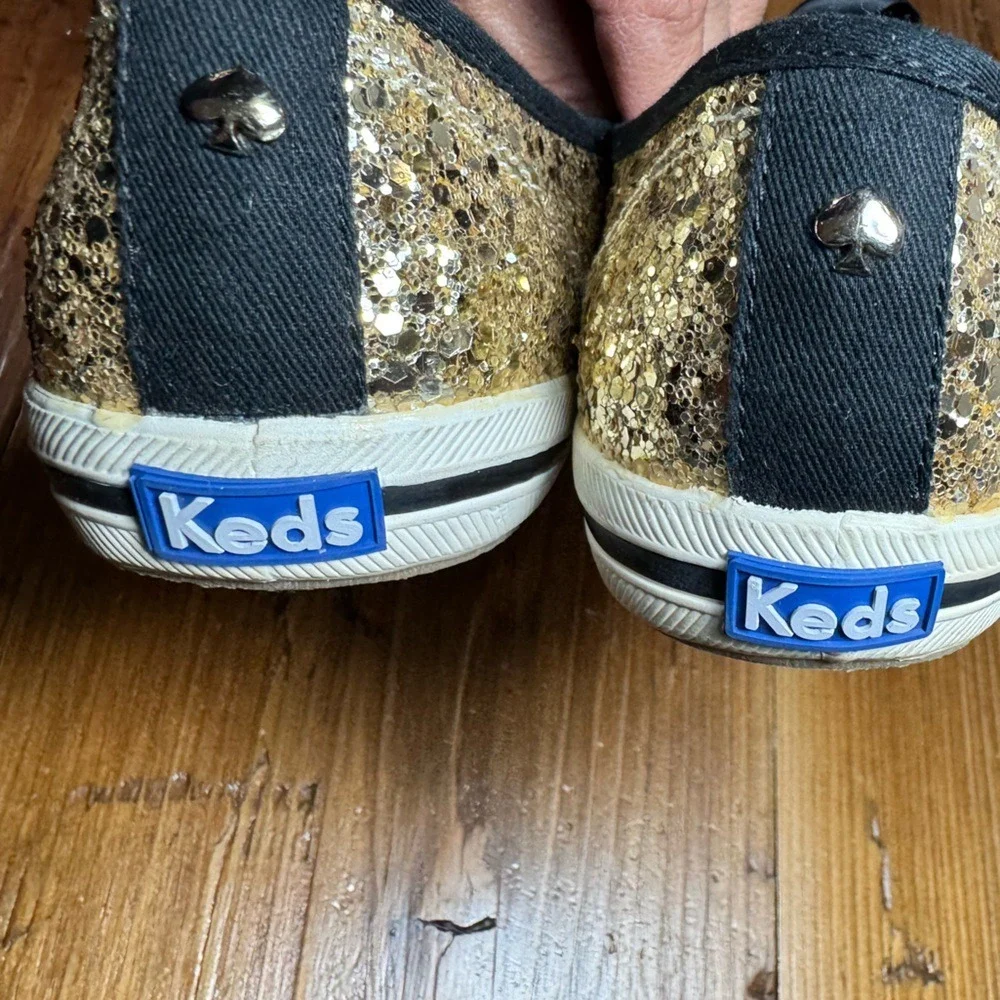Keds X Kate Spade New York Women Gold Glitter Lace-Up Sneakers Black Lace Size 8